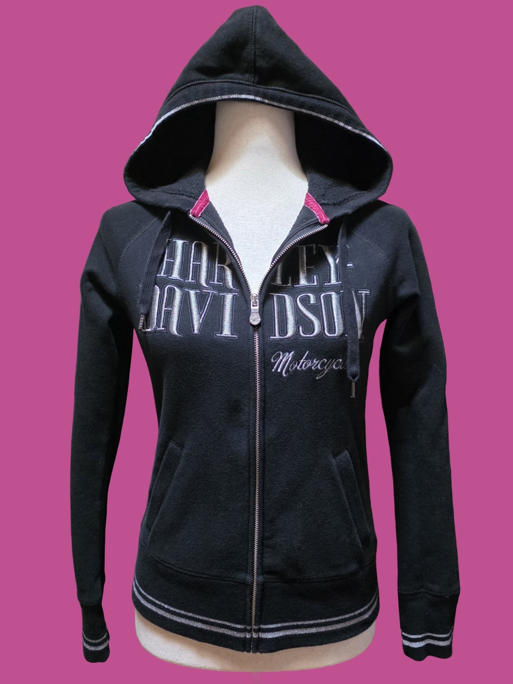 Harley Davidson Y2K 2013 Black Silver Metallic Embroidered Zip Up Hoodie